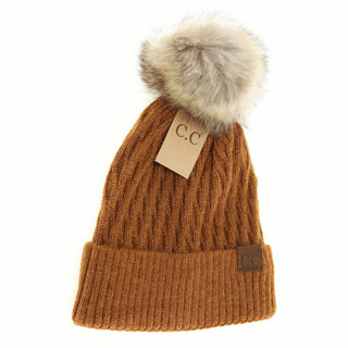 Camel ribbed knit C.C beanie with white faux fur pom-pom and cuffed brim
