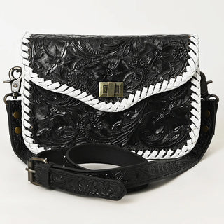 The Black Floral Hand-Tooled Leather Crossbody Bag with White Stitching