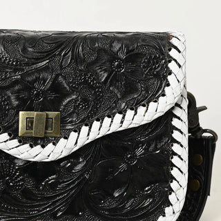 The Black Floral Hand-Tooled Leather Crossbody Bag with White Stitching