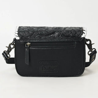 The Black Floral Hand-Tooled Leather Crossbody Bag with White Stitching