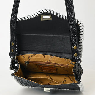 The Black Floral Hand-Tooled Leather Crossbody Bag with White Stitching