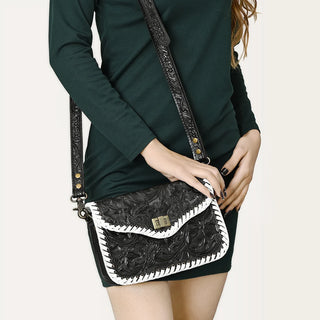 The Black Floral Hand-Tooled Leather Crossbody Bag with White Stitching