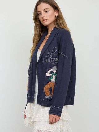 Navy blue knit cardigan with Goofy jacquard design and shawl collar