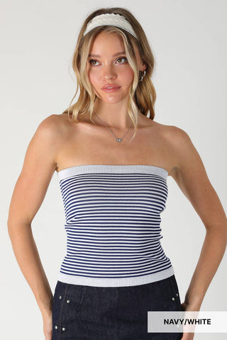 NIKIBIKI navy and white striped seamless bandeau tube top with ribbed trim