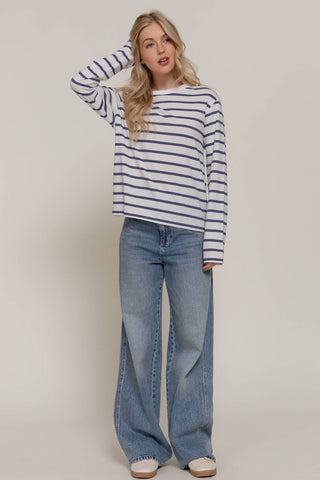 White and navy blue striped long sleeve round neck relaxed fit tee