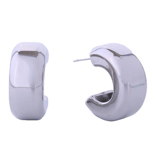 Chunky silver half hoop post earrings with polished finish, shown as a pair