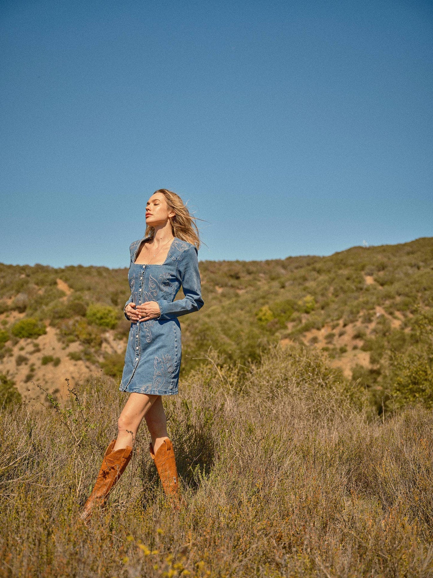 The Abilene Embroidered Snap Front Denim Minidress