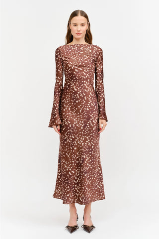 Brown deer print long sleeve midi dress with flared cuffs and boat neckline
