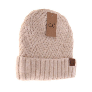 Cream beige C.C cuffed beanie with crisscross knit pattern and ribbed brim