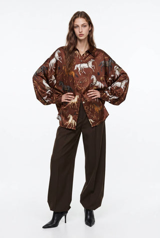 Oversized brown equestrian horse print silky shirt with voluminous puff sleeves