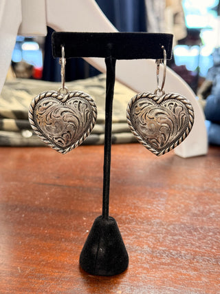 Tooled Heart Shaped  Western Earrings