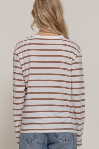 White long sleeve tee with brown horizontal stripes, round neck, relaxed fit