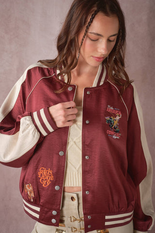 The Patsy Western Patch Satin Varsity Jacket in Rust