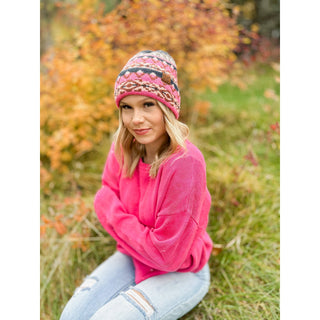 Pink and charcoal Aztec pattern knit C.C beanie with leather logo patch