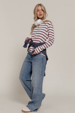 Women's ivory and burgundy striped long sleeve round neck cotton tee