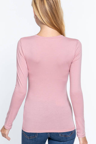 Women's dusty pink long sleeve crew neck fitted cotton jersey top, back view
