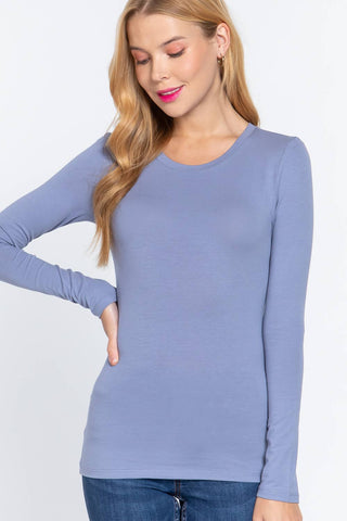 Women's slate blue long sleeve crew neck fitted cotton spandex jersey top