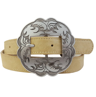 Beige suede leather belt with ornate silver western floral engraved buckle