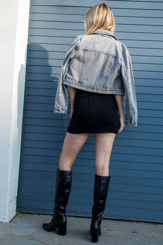 The Mercy Washed Denim Trucker With Silver Pearls Studs