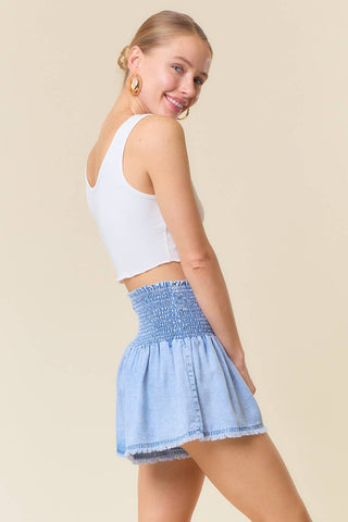 The Hannah Smocked Waist Tencel Denim Short