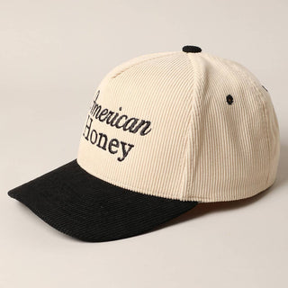 Cream and black two-tone corduroy baseball cap with American Honey embroidery