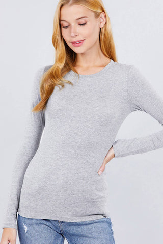 Heather gray long sleeve crew neck fitted cotton jersey top with side slits