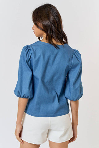 The Charlie Denim V Neck Puff Sleeve Top