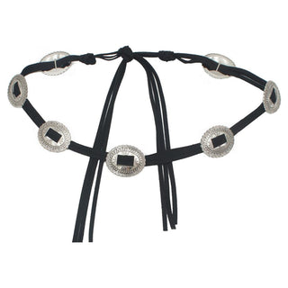 Black faux suede wrap belt with silver oval concho medallions and tassel ties