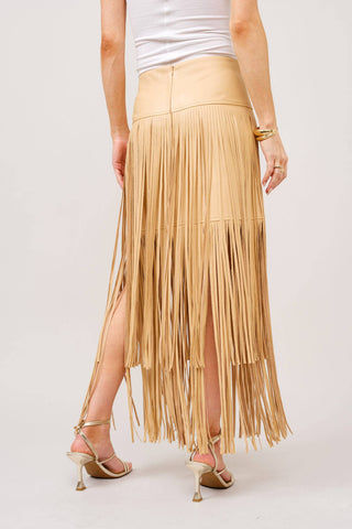 Blue B taupe faux leather fringe maxi skirt with tiered fringe detail