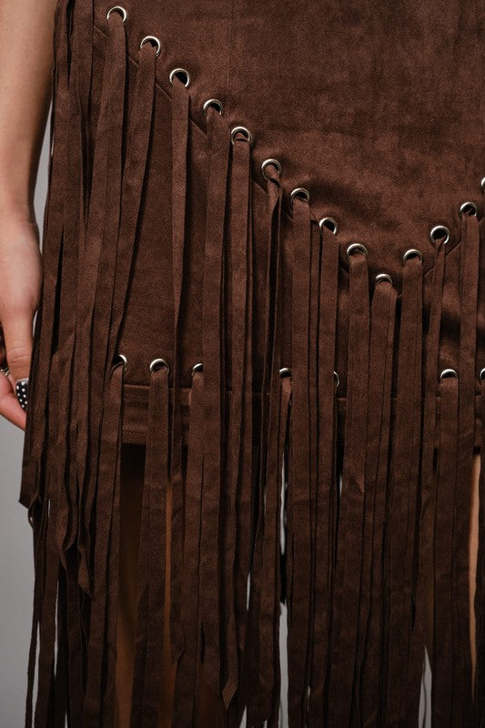 The Whiskey Fringe Faux Suede Strapless Dress