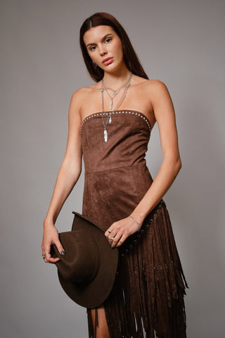 The Whiskey Fringe Faux Suede Strapless Dress