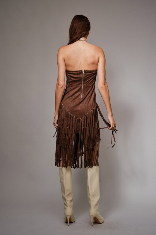 The Whiskey Fringe Faux Suede Strapless Dress Medium
