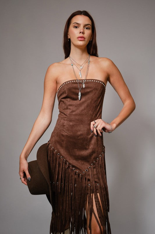 The Whiskey Fringe Faux Suede Strapless Dress