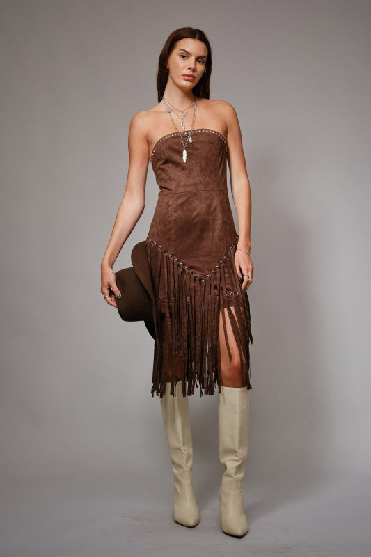 The Whiskey Fringe Faux Suede Strapless Dress