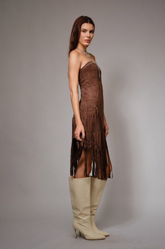 The Whiskey Fringe Faux Suede Strapless Dress