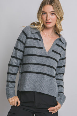 Gray and black striped V-neck polo collar knit sweater with long sleeves