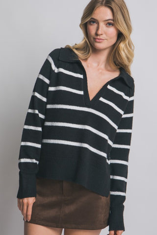 Black and white striped V-neck polo sweater with collar and long sleeves