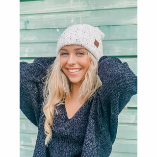 C.C white confetti boucle knit cuff beanie with multicolor speckled pattern