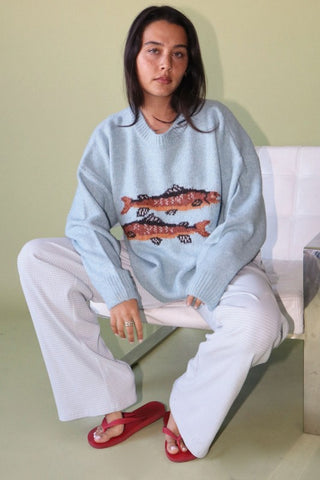 The Reel Catch Trout Sweater Light Blue