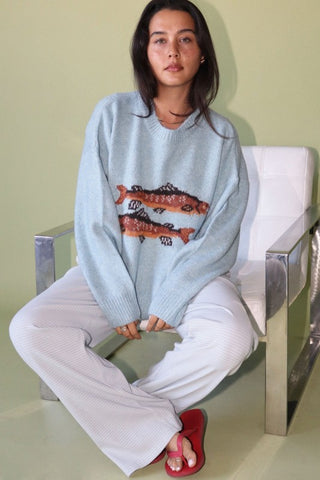 The Reel Catch Trout Sweater Light Blue