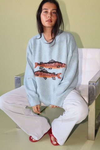 The Reel Catch Trout Sweater Light Blue