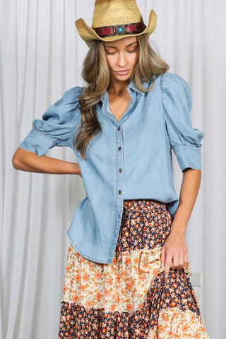 The Brandy Short Puff Sleeve Chambray Shirt