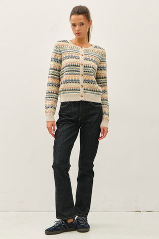 Ivory Fair Isle multicolor striped knit cardigan with gold buttons, long sleeves