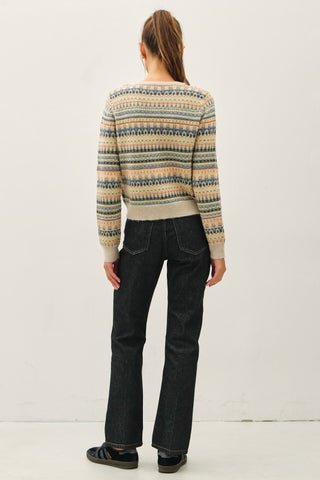 Ivory Fair Isle cardigan with multicolor stripe pattern, worn with dark jeans, back view.