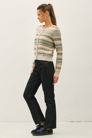 Ivory Fair Isle knit cardigan with multicolor stripe pattern and button front