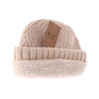 Cream cable knit C.C beanie with fuzzy lining and cuffed brim