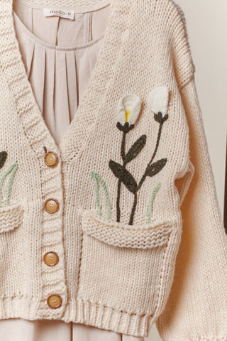 The Gabby Flower Embroidered Knit Cardigan – Cream