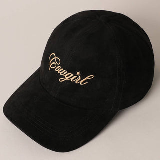 Black suede baseball cap with gold cursive Cowgirl embroidery and star detail