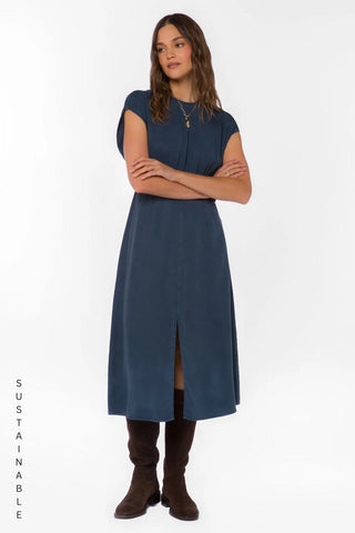 Velvet Heart Geneve navy blue cap sleeve midi dress with front slit