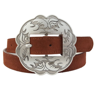 Brown suede leather belt with ornate silver western floral engraved buckle